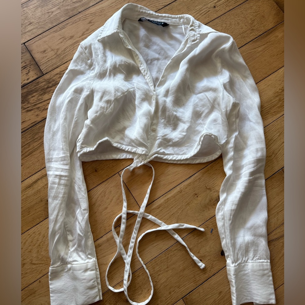 Zara White Satin Cropped Tie-Front Blouse